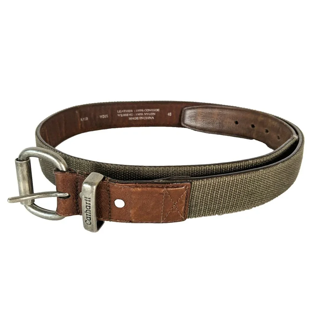 Carhartt Brown Leather Moss Green Canvas Webbing Belt Men Size 46 A159